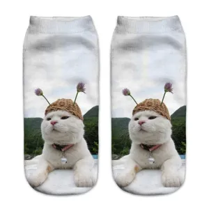 Cute 3D cat print ankle socks for women, soft breathable fabric, fun daily wear accessory.
