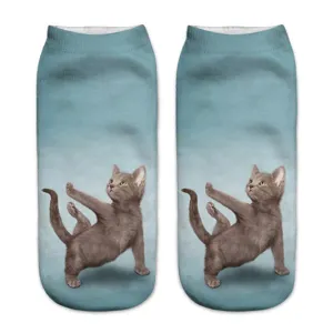 Cute 3D cat print low cut ankle socks for men and women, fun yoga kitten pattern blue.
