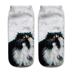 Close up of 3D oil painting cat print short socks, detailed fluffy black white kitty design.