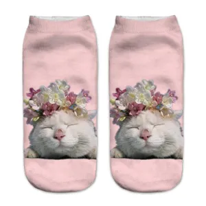 Cute cat 3D digital print women short socks, soft pink ankle socks for daily wear and gift.