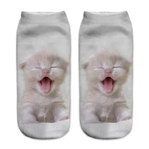 Close up detail of cute 3D kitten print ankle socks soft breathable fabric everyday wear