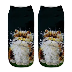 Women 3D oil painting cat print short socks, cute fluffy pet design novelty ankle socks.