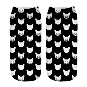 Cute 3D cat print ankle socks for women, comfortable black hosiery with funny kitty patterns.