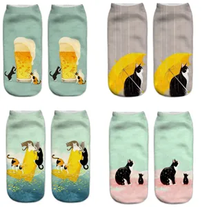 Unisex 3D Cartoon Cat Print Short Socks Polyester Breathable Casual Low Cut Ankle Socks For Men And Women