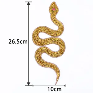 Gold rhinestone snake patch for DIY clothing and bags decorative applique, 26.5x10cm size.