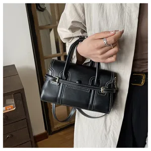 Vrouwen vintage zwarte PU leer handtas contrast stiksels retro stijl schoudertas