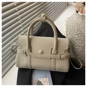 Beige retro stijl PU leer handtas met handvat en schouderband, prachtige detailweergave.