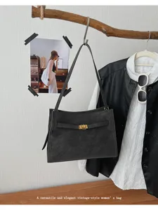 Borsa a spalla vintage nera da donna, elegante borsa da lavoro con chiusura dorata chic.