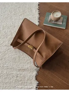 Borsa a spalla marrone vintage da donna, elegante borsa a mano tinta unita casual.