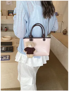 Pink and dark brown colorblock top-handle shoulder bag with cute bear charm for women