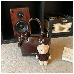 Brown patent leather handbag women crossbody tote bag with cute bear plush charm pendant