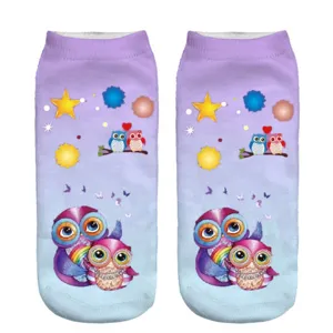 Cute 3D printed ankle socks for women, featuring adorable little owl and star patterns.