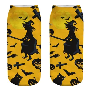 Halloween 3D printed low cut socks for women, cute witch pumpkin pattern ankle socks.
