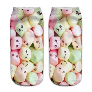 Calzini corti 3D con stampa marshmallow carina per uomo e donna, design divertente e colorato.