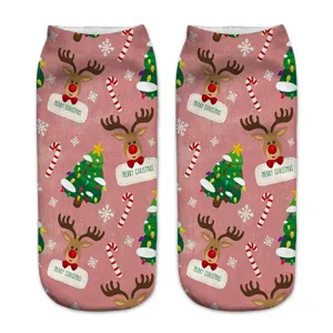 Cute Christmas 3D printed socks for women, pink winter holiday elk and tree patterns.