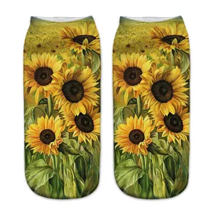 Women 3D sunflower print short ankle socks, vibrant oil painting art style casual socks.