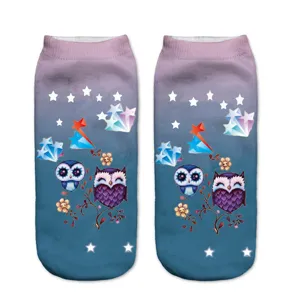 3D printed cute owl pattern gradient ankle socks fashion casual short socks for women
