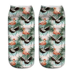 Detailed view of women's 3D printed short socks featuring vibrant flamingo and tropical leaf patterns.