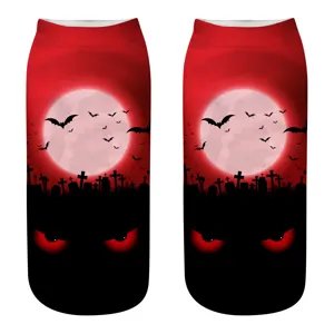 Halloween 3D Print Socks Red Moon Bat Graveyard Short Ankle Socks for Men and Women