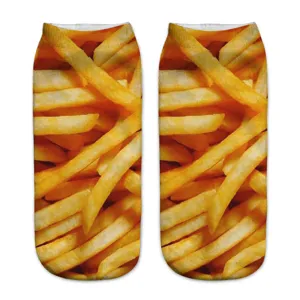 Calzini corti divertenti con stampa 3D di patatine fritte per uomo e donna, calzini casual.