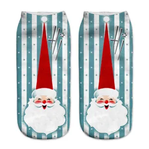 Christmas 3D print short socks retro Santa Claus pattern cute blue striped low cut socks detail view