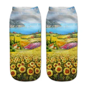 Women 3D printed ankle socks with beautiful sunflower and landscape art design comfortable.