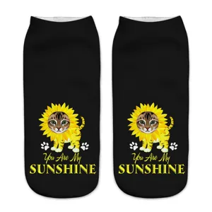 Cute 3D printed short socks with sunflower cat cartoon design, comfortable daily fabric style.