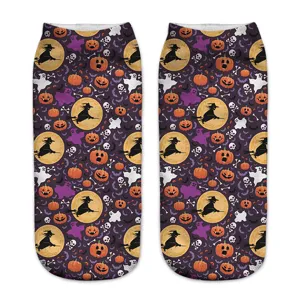 Halloween 3D print women low-cut ankle socks detail view featuring witches and pumpkins.