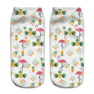 Detailed view of women 3d printed short socks featuring cute tropical flamingo and pineapple pattern.