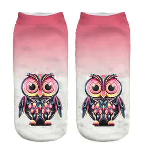 Charming 3d owl print short socks with stylish pink gradient design for women daily wear.