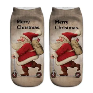 Christmas 3D printed short socks for women, winter festive Santa Claus pattern cute ankle socks.
