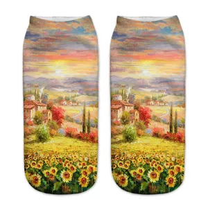 Detailed view of women's 3D printed ankle socks featuring a vibrant sunflower landscape print.