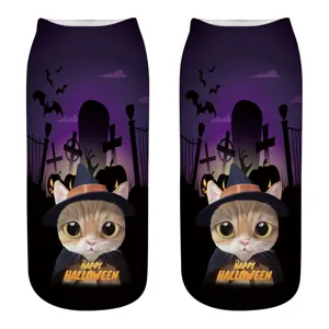 Halloween 3D gedruckte süße Katzen Kurzsocken mit Hexenhut Kürbis und Friedhof Muster