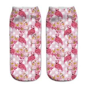 Pink flamingo print ankle socks for women, cute tropical flower short socks with polka dots.