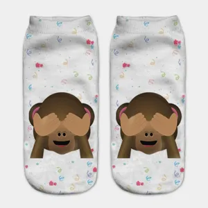 Comfortable 3d print ankle socks featuring cute cartoon monkey pattern and colorful confetti.