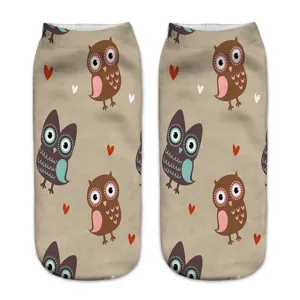 Cute cartoon owl print short socks for women, comfortable breathable casual ankle socks.