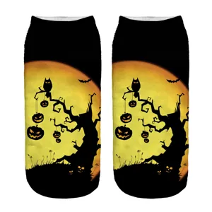Close-up of Halloween 3D print socks featuring spooky pumpkin and owl pattern for women.