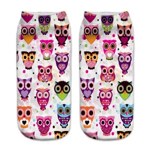 Fashion 3D cartoon owl printed short socks for women, cute novelty ankle cotton socks.