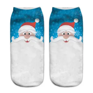 Close-up detail of Christmas Santa Claus 3D printed cartoon pattern on cozy short socks.