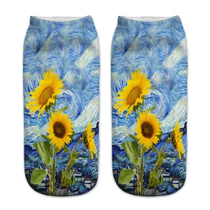Detailed view of 3D sunflower and starry night printed women low cut socks, vibrant art design.