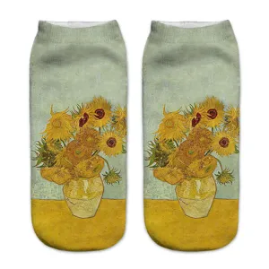 Van Gogh sunflowers 3D printed short socks art style casual low cut ankle socks for women
