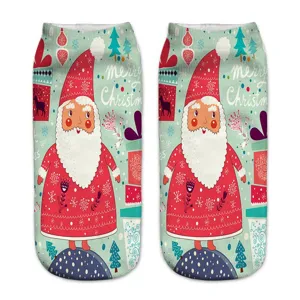 Cute 3D printed Christmas Santa Claus short socks for women, cozy winter novelty socks.
