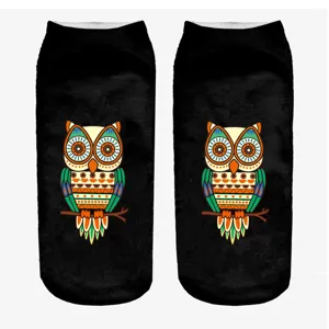 Colorful 3D owl print ankle socks detail view, comfortable daily casual short socks for women.