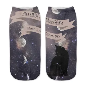 Galaxy black cat print women low cut socks harajuku style halloween spooky ankle socks