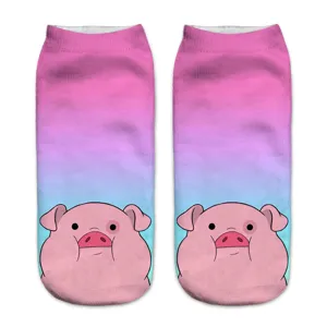 Leuke korte sokken met schattige varkensprint en roze blauwe verloopkleur voor dagelijks gebruik.