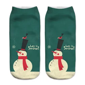 Detailed view of Christmas 3D printed socks featuring cute snowman pattern and holiday text.