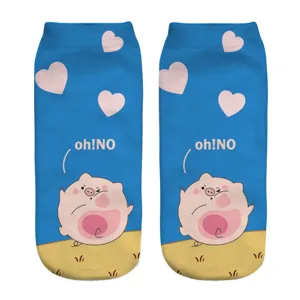 Leuke 3D cartoon varken geprinte enkelsokken voor dames en heren blauwe kawaii sokken