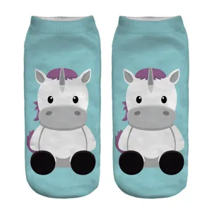 Cute cartoon unicorn 3D printed short socks in light blue color, soft ankle socks for daily wear.