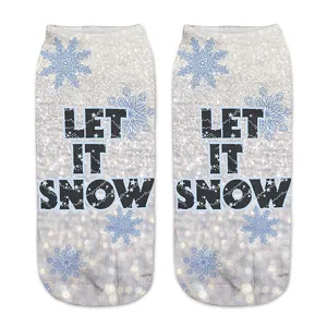 Winter women cozy 3d printed short socks with let it snow and cute snowflake design.
