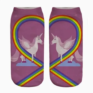 Cute 3D printed unicorn low cut socks for women, colorful rainbow heart pattern ankle socks.